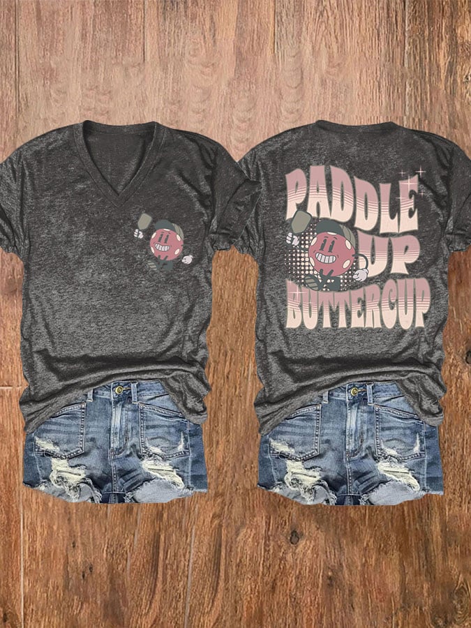Women's Pickleball Paddle Up Buttercup Print V-Neck T-Shirt