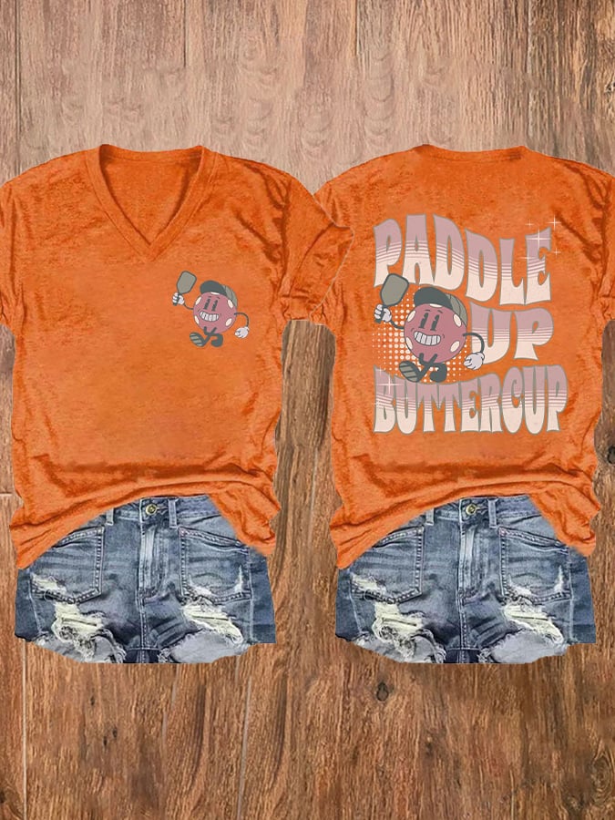 Women's Pickleball Paddle Up Buttercup Print V-Neck T-Shirt