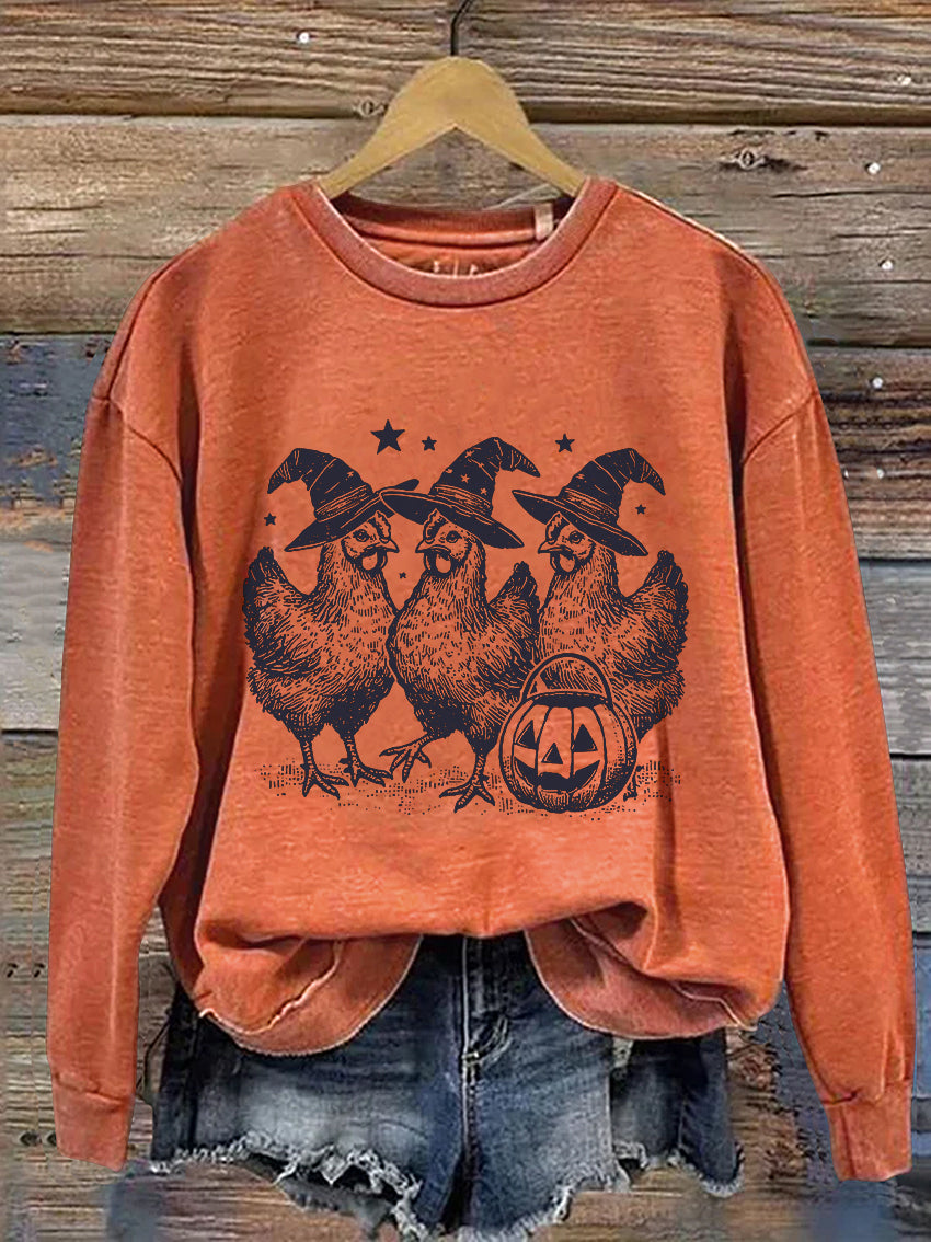 Chicken Witches Funny Halloween Cute Ghost Casual Print Sweatshirt
