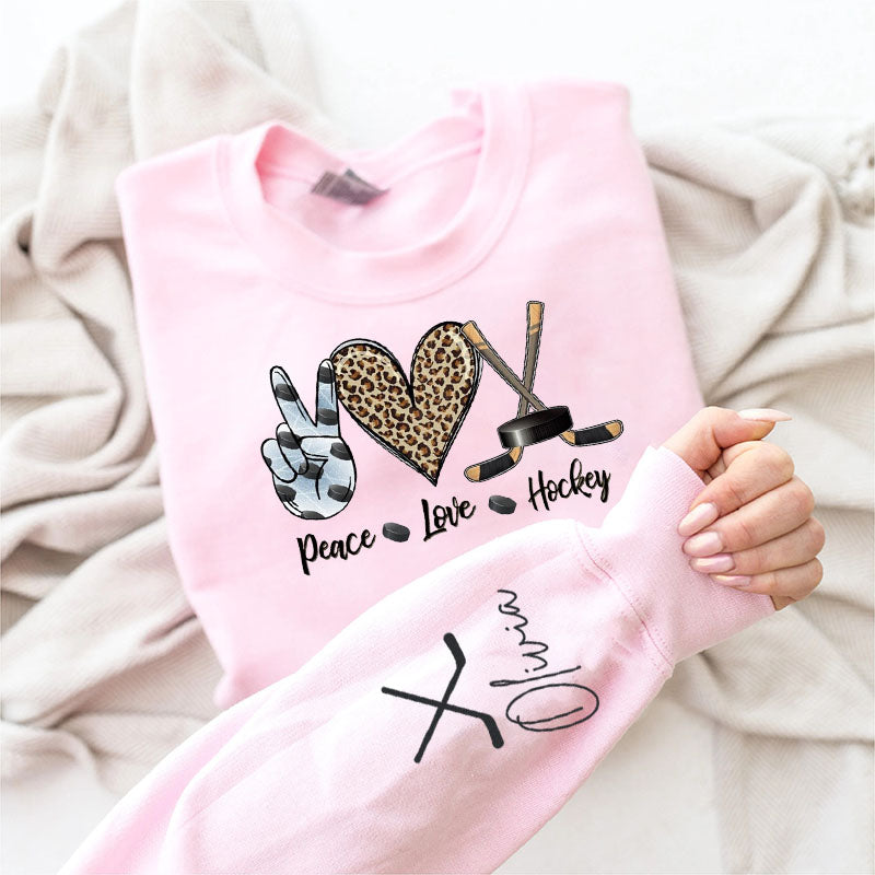 Custom Name on Sleeve,Peace Love Hockey Sweatshirt