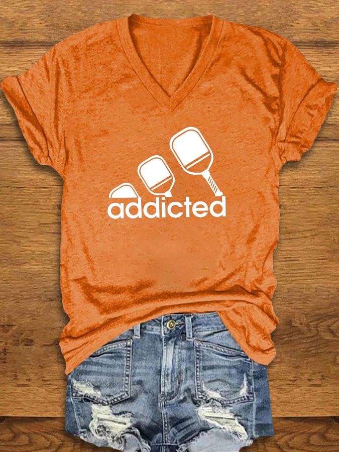 Women's funny pickleball "addicted" printed T-shirt