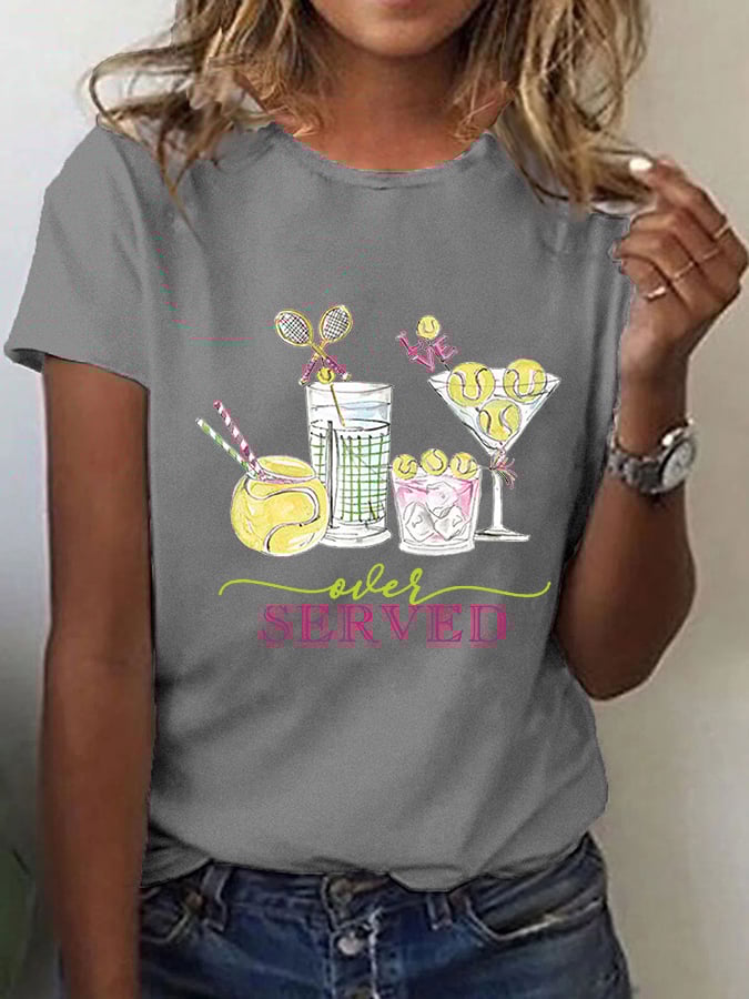 Women's Funny Tennis Tennis Drinks Printed Casual Tee