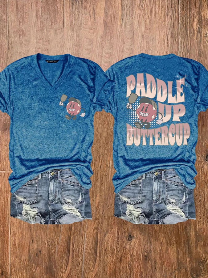 Women's Pickleball Paddle Up Buttercup Print V-Neck T-Shirt
