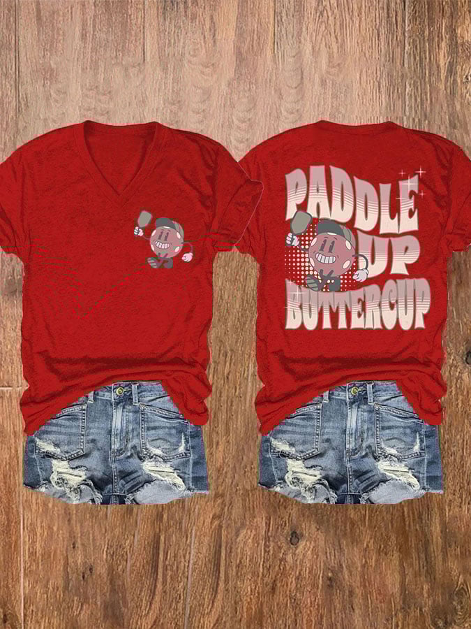 Women's Pickleball Paddle Up Buttercup Print V-Neck T-Shirt