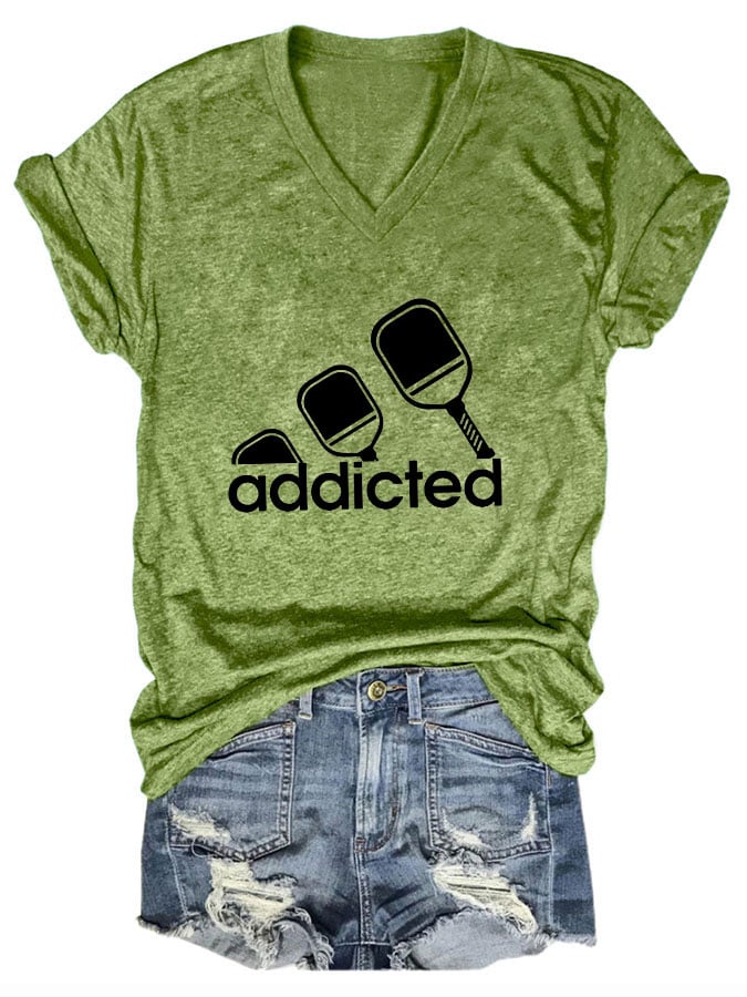 Women's funny pickleball "addicted" printed T-shirt