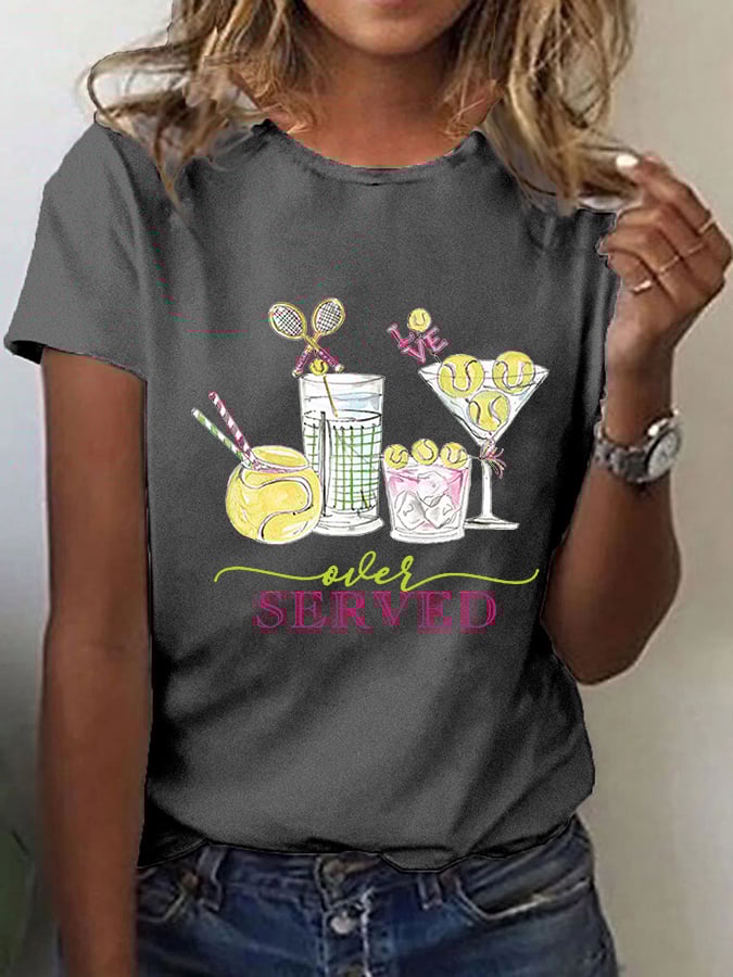 Women's Funny Tennis Tennis Drinks Printed Casual Tee