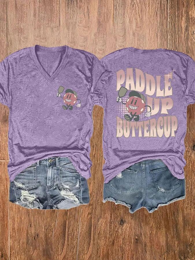 Women's Pickleball Paddle Up Buttercup Print V-Neck T-Shirt