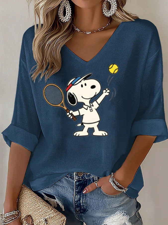 V-Neck Snoopy Tennis Mid-Sleeve Top