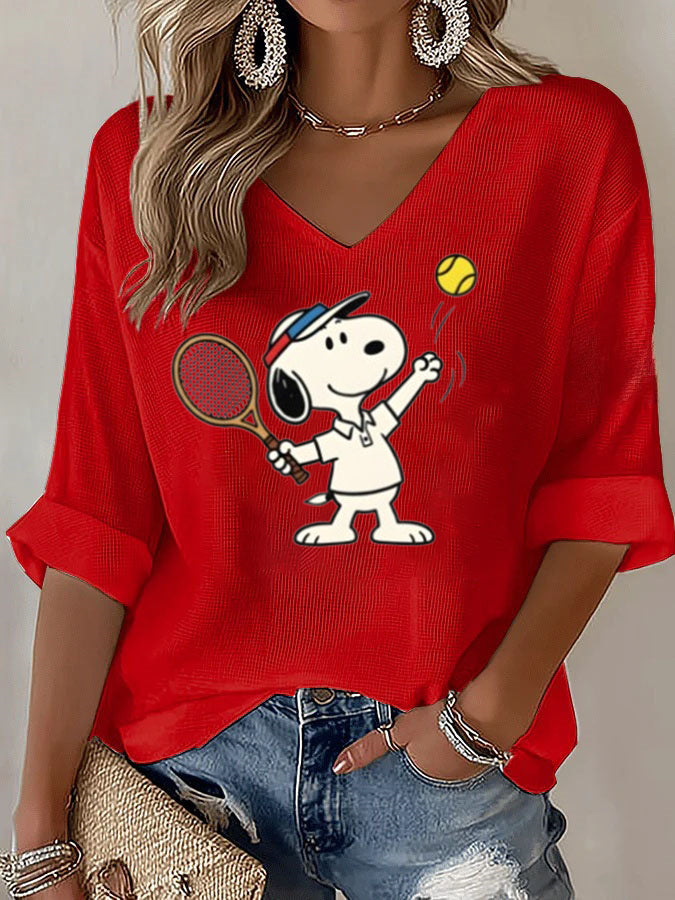 V-Neck Snoopy Tennis Mid-Sleeve Top
