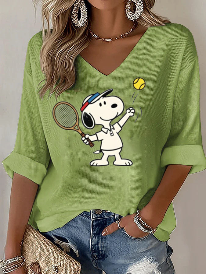 V-Neck Snoopy Tennis Mid-Sleeve Top