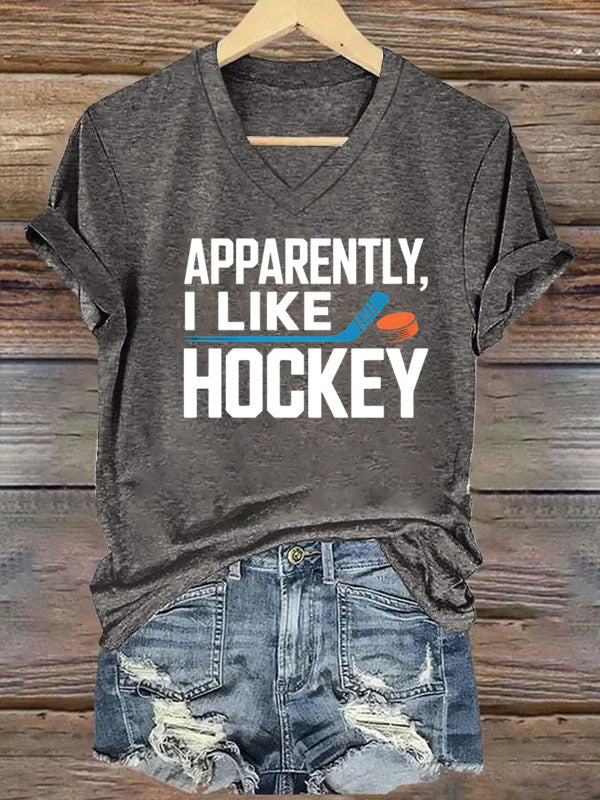 V Neck Apparently I Like Hockey T-shirt