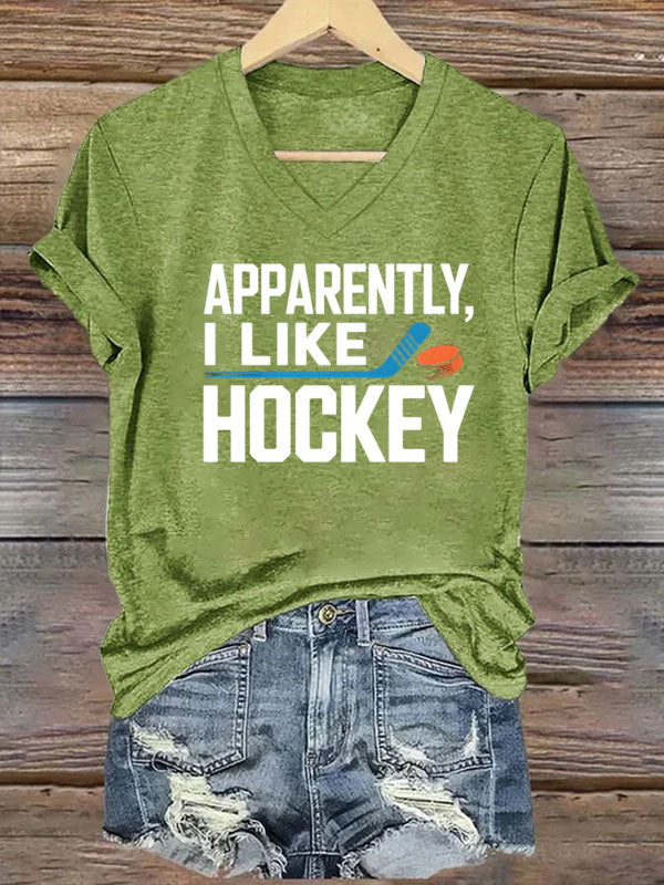 V Neck Apparently I Like Hockey T-shirt