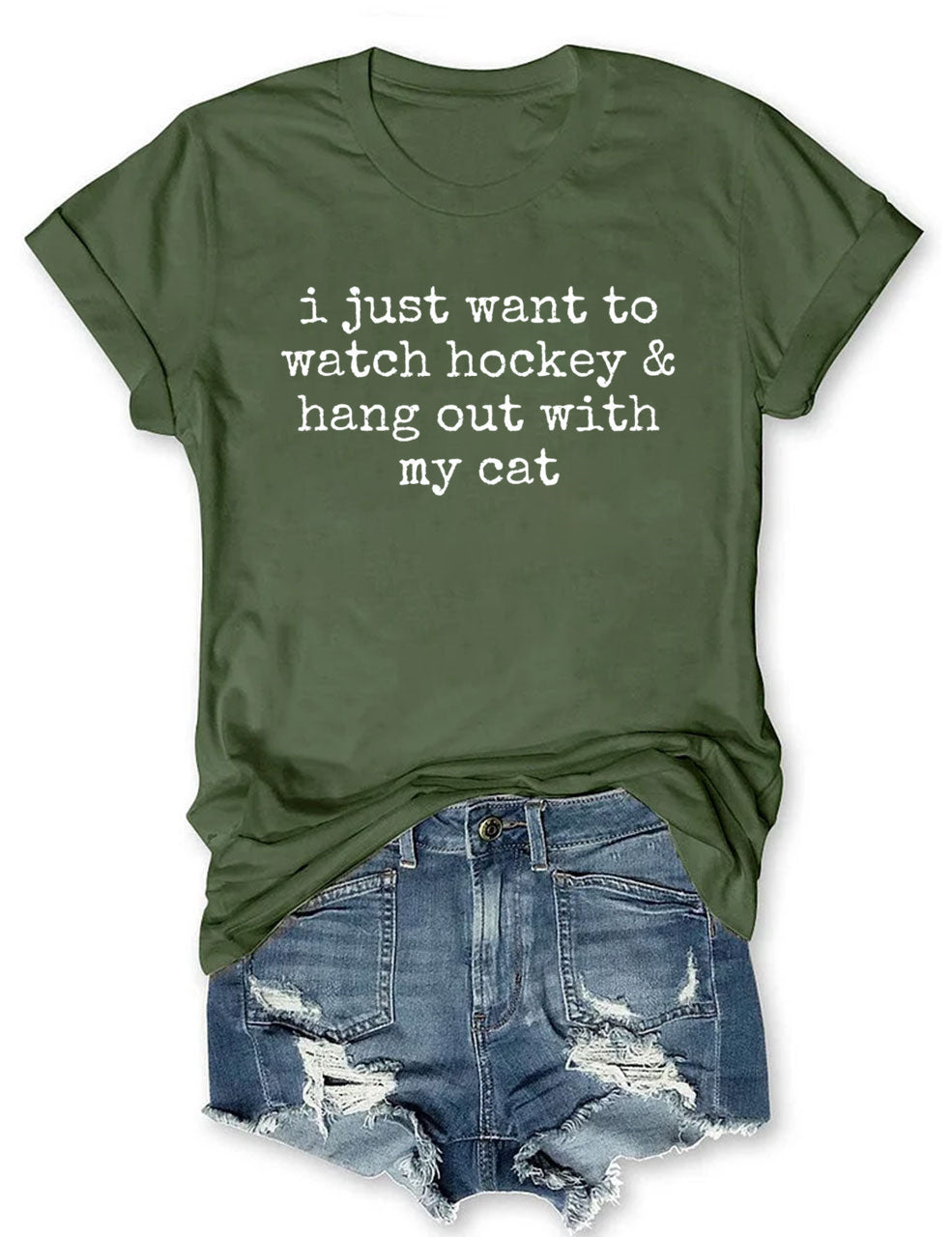 I Just Want to watch hockey and Hang Out Cat Shirt, Round Neck Hockey T-Shirt