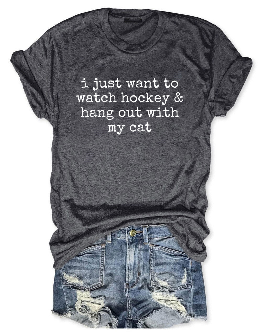 I Just Want to watch hockey and Hang Out Cat Shirt, Round Neck Hockey T-Shirt