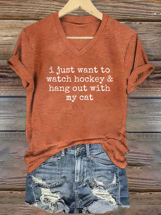 V Neck I Just Want to watch hockey and Hang Out Cat Shirt, Hockey Tee