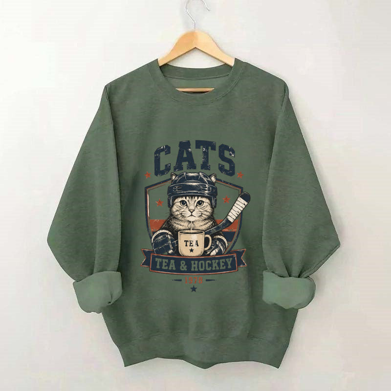 Funny Cats Tea Hockey Sweatshirt,Hockey Lover Gift, Cat Hockey Game Day Tee