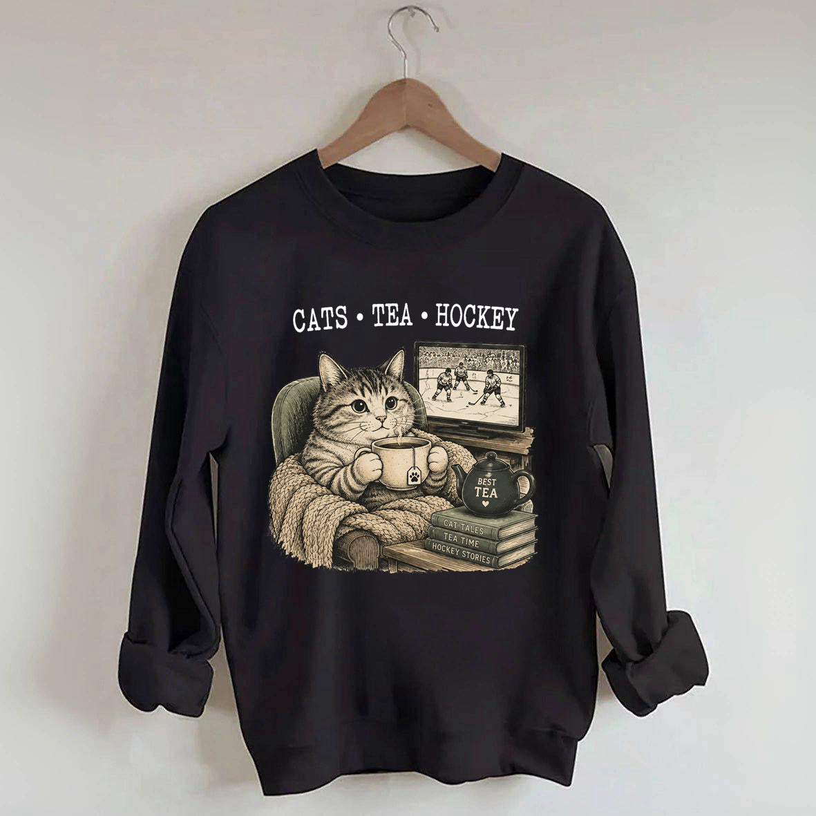 Funny Cats Tea Hockey Sweatshirt,Hockey Lover Gift, Cat Hockey Game Day Tee