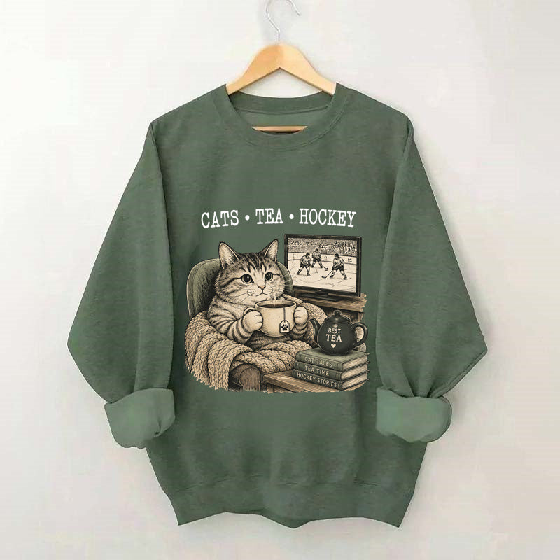 Funny Cats Tea Hockey Sweatshirt,Hockey Lover Gift, Cat Hockey Game Day Tee