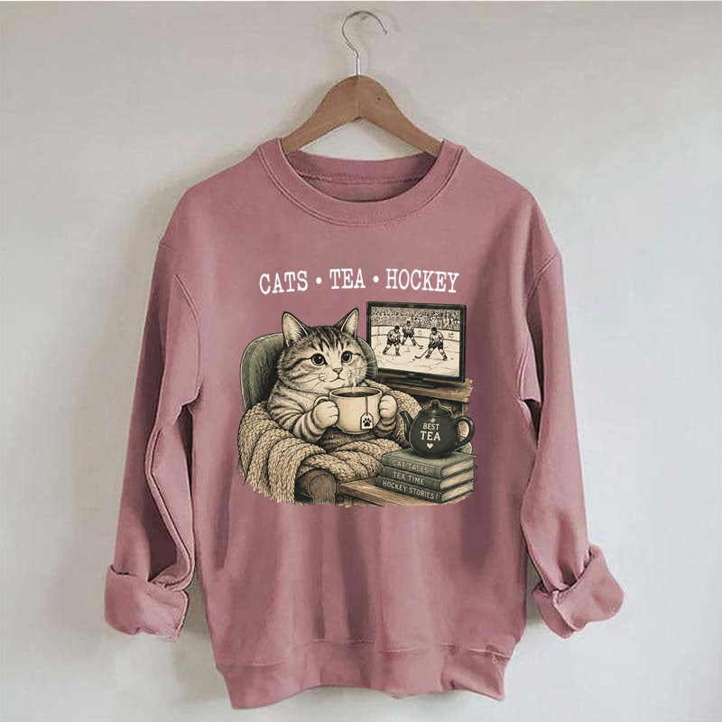 Funny Cats Tea Hockey Sweatshirt,Hockey Lover Gift, Cat Hockey Game Day Tee