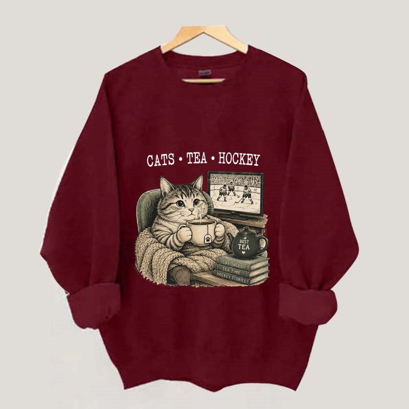 Funny Cats Tea Hockey Sweatshirt,Hockey Lover Gift, Cat Hockey Game Day Tee