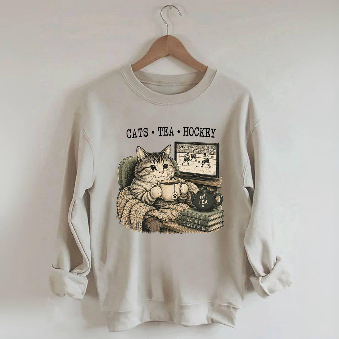 Funny Cats Tea Hockey Sweatshirt,Hockey Lover Gift, Cat Hockey Game Day Tee