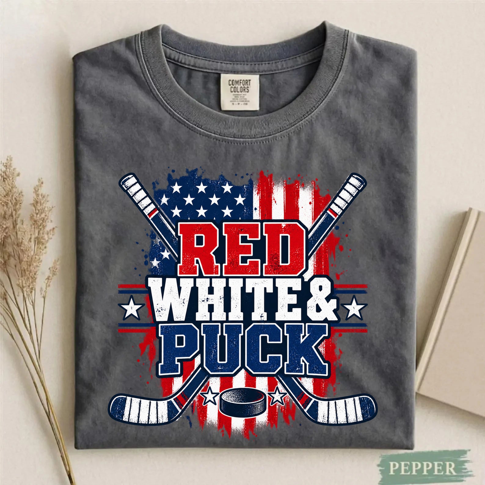 Comfort Colors Red White & Puck – Patriotic Hockey T-Shirt