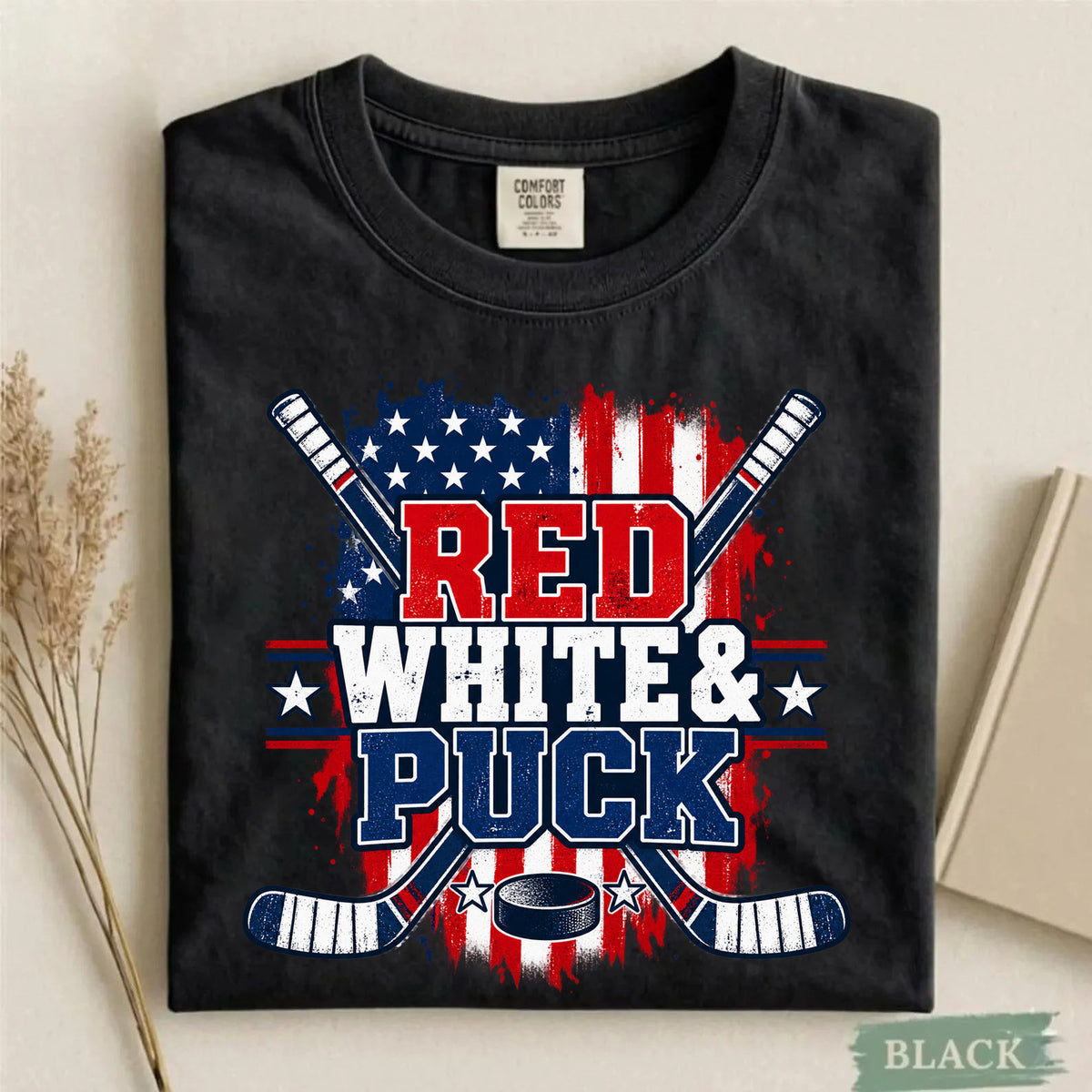 Comfort Colors Red White & Puck – Patriotic Hockey T-Shirt