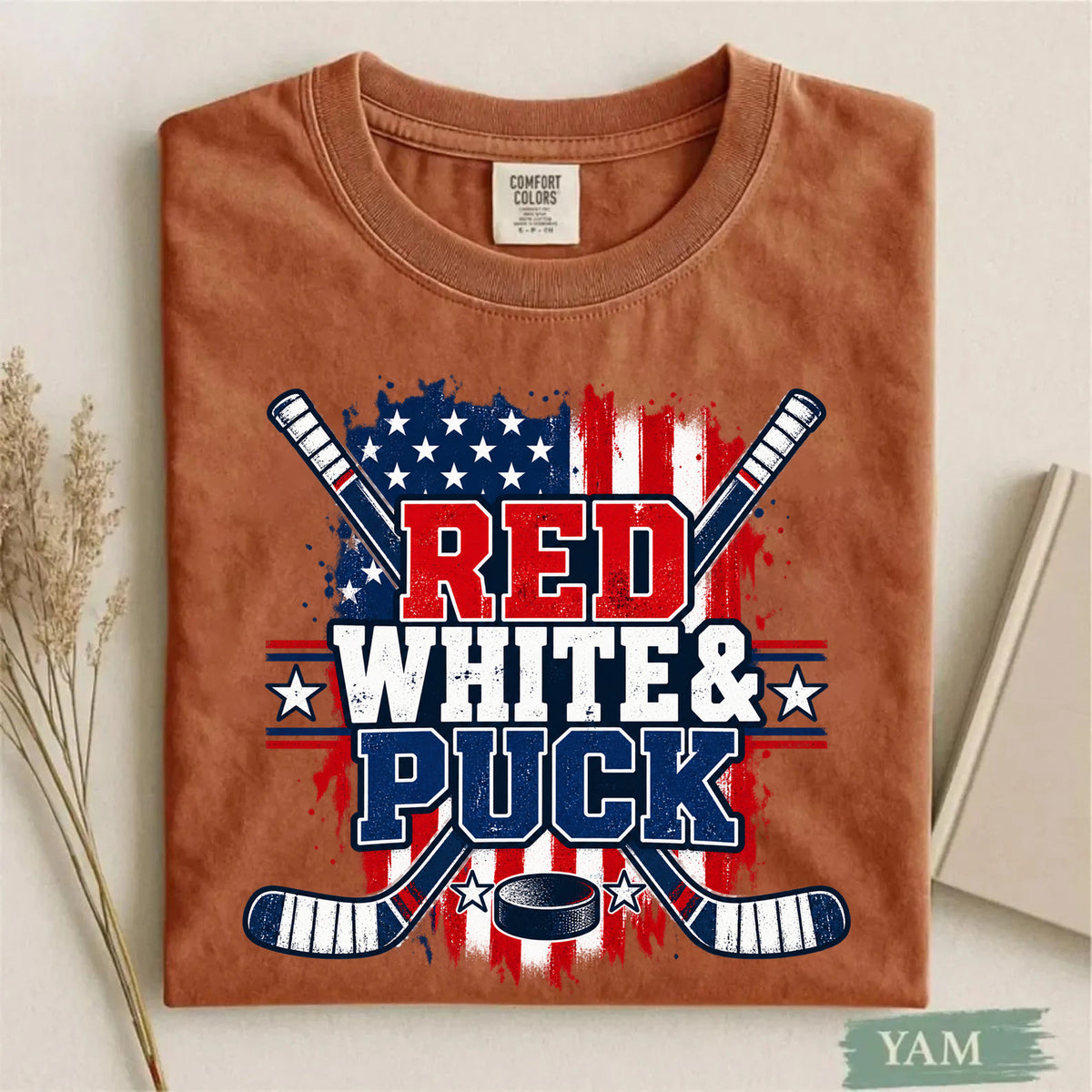 Comfort Colors Red White & Puck – Patriotic Hockey T-Shirt