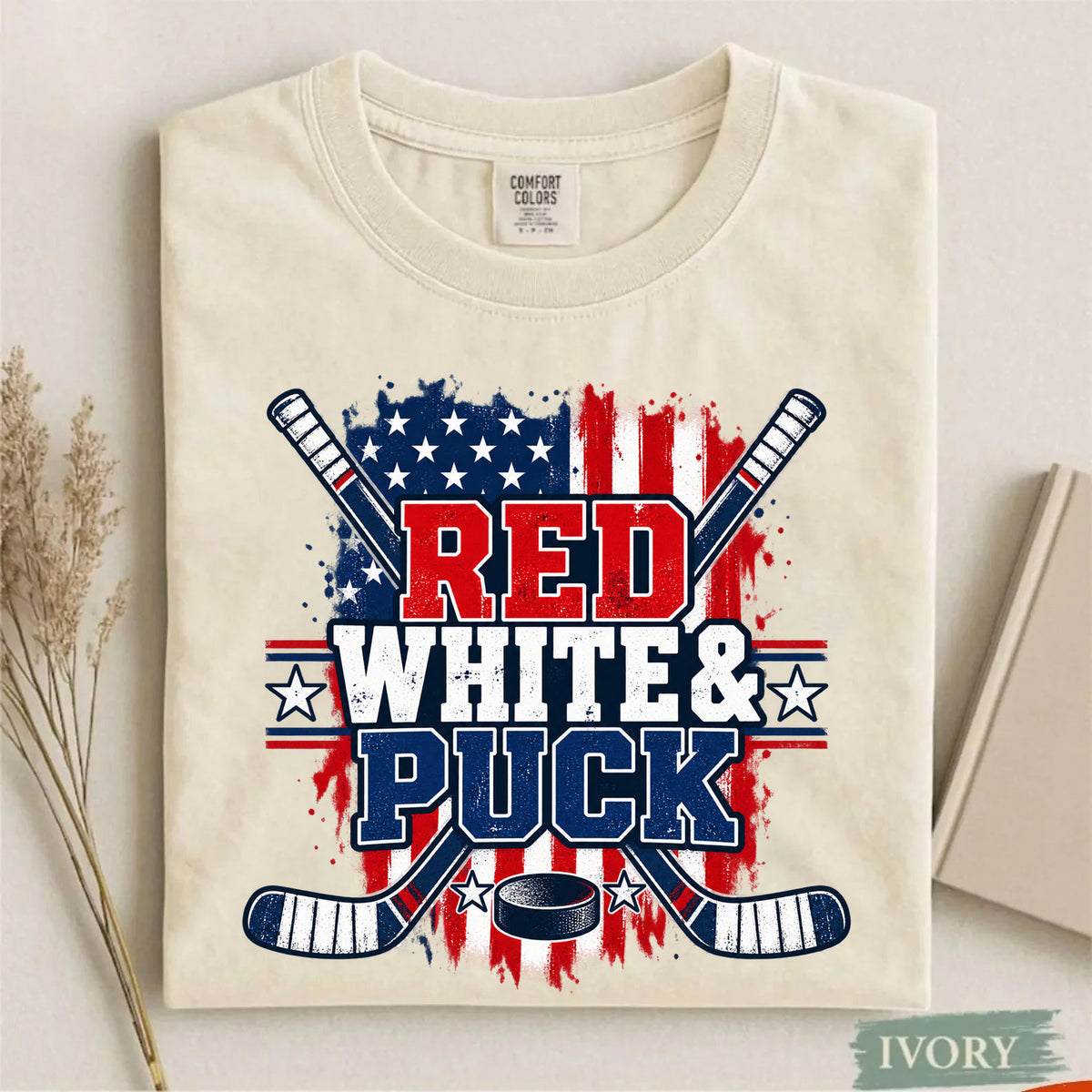 Comfort Colors Red White & Puck – Patriotic Hockey T-Shirt