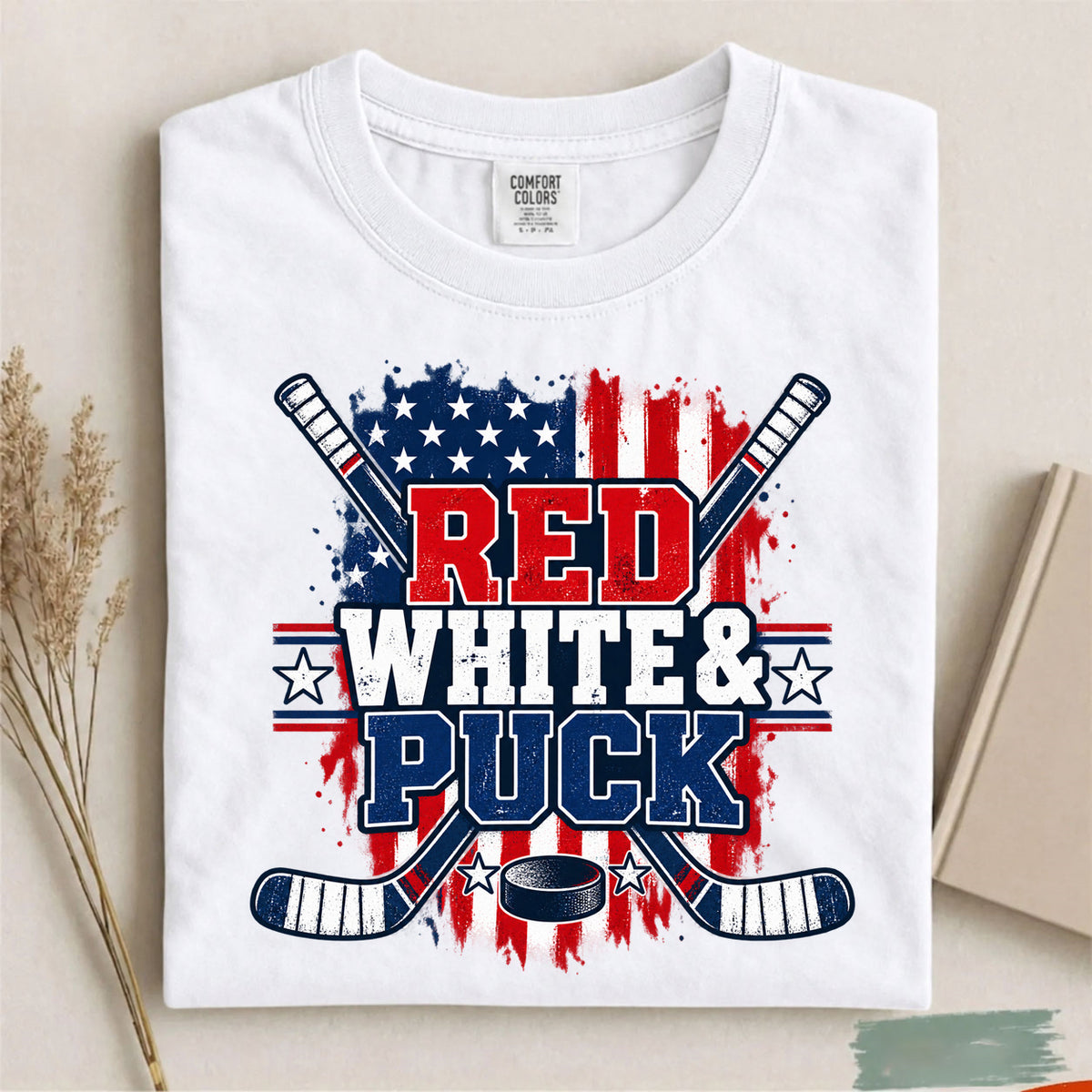 Comfort Colors Red White & Puck – Patriotic Hockey T-Shirt