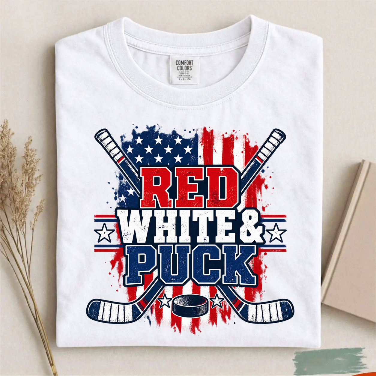Comfort Colors Red White & Puck – Patriotic Hockey T-Shirt