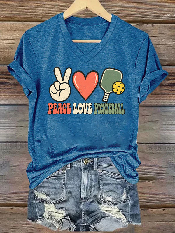 Peace Love Pickleball,Retro Paddle & Heart V-Neck T-Shirt