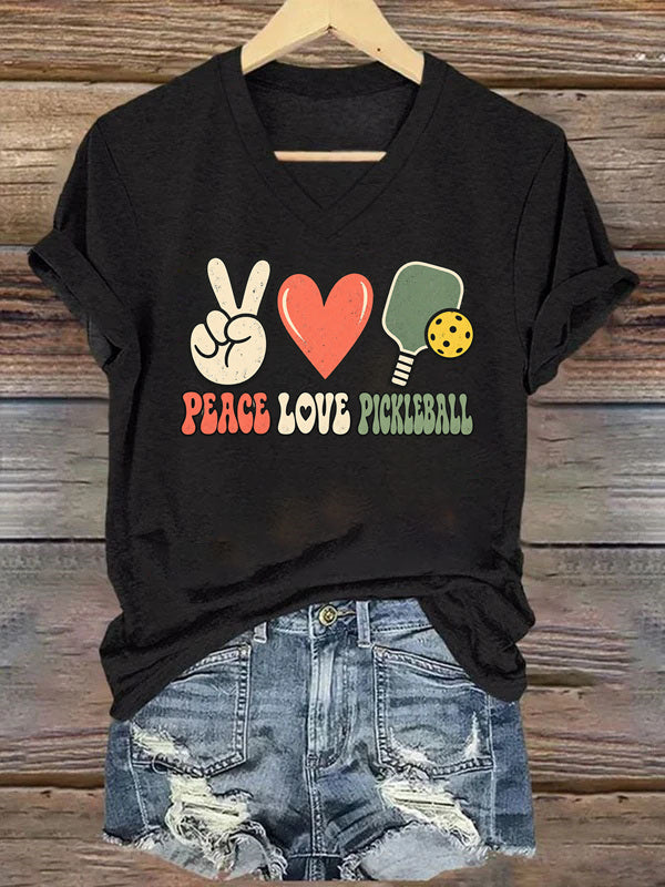 Peace Love Pickleball,Retro Paddle & Heart V-Neck T-Shirt