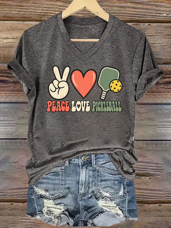 Peace Love Pickleball,Retro Paddle & Heart V-Neck T-Shirt