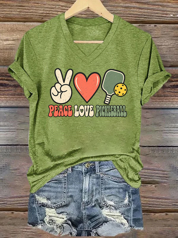 Peace Love Pickleball,Retro Paddle & Heart V-Neck T-Shirt