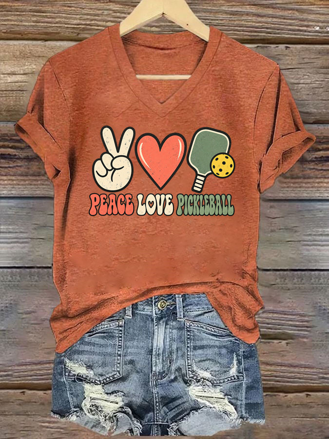 Peace Love Pickleball,Retro Paddle & Heart V-Neck T-Shirt
