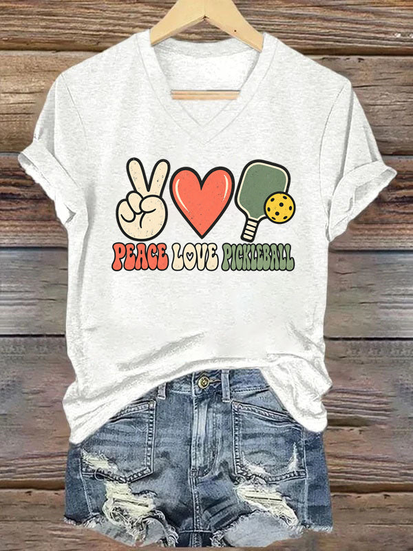 Peace Love Pickleball,Retro Paddle & Heart V-Neck T-Shirt