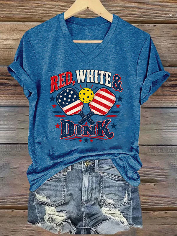 Red, White & Dink, Patriotic Pickleball V-Neck T-Shirt