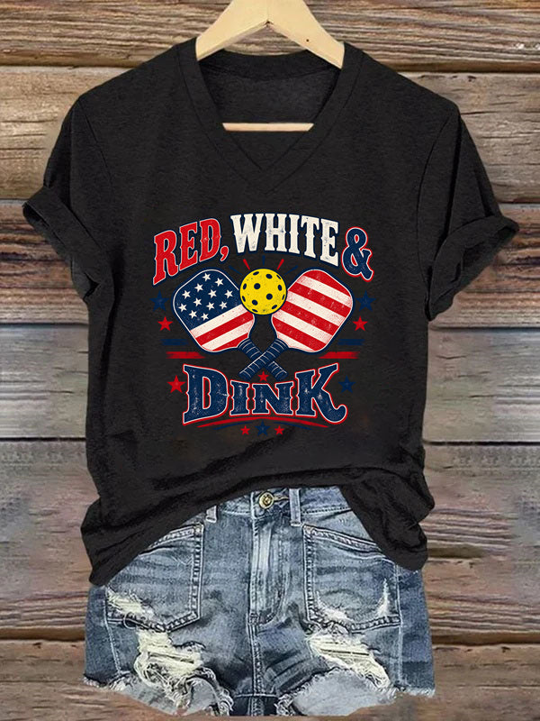 Red, White & Dink, Patriotic Pickleball V-Neck T-Shirt
