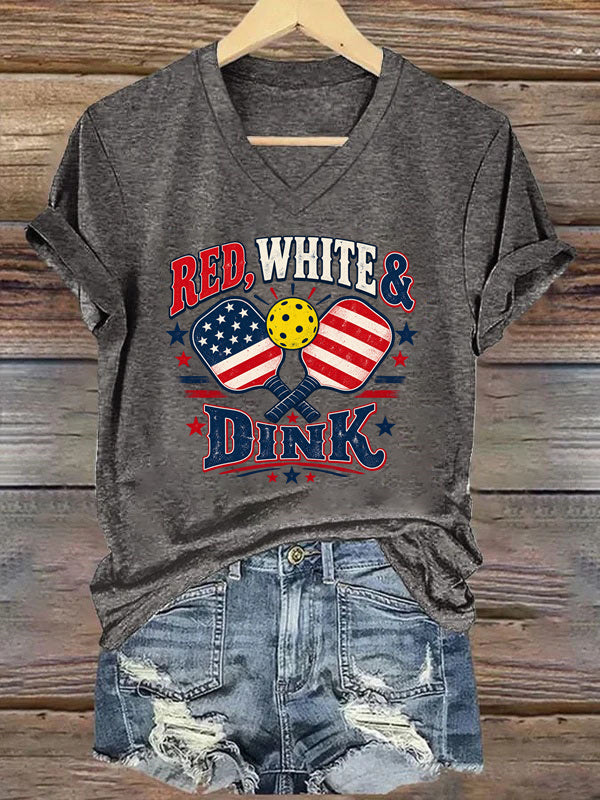 Red, White & Dink, Patriotic Pickleball V-Neck T-Shirt