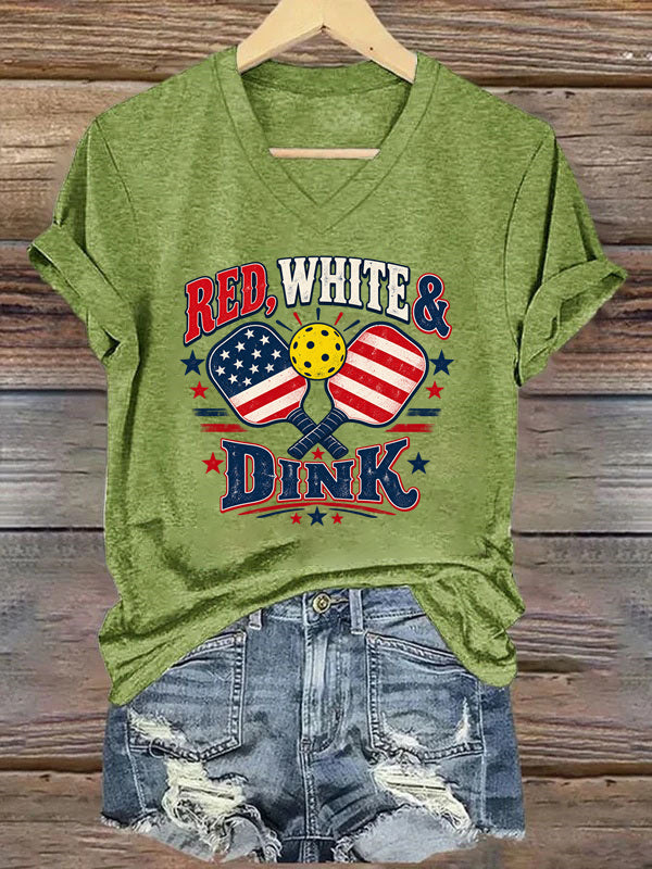 Red, White & Dink, Patriotic Pickleball V-Neck T-Shirt