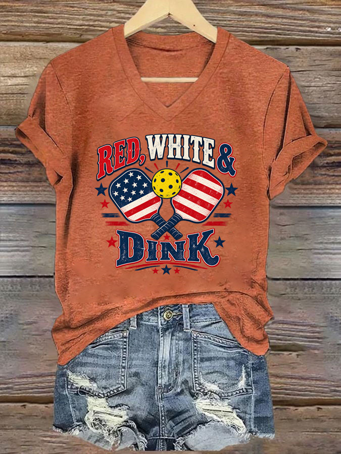 Red, White & Dink, Patriotic Pickleball V-Neck T-Shirt