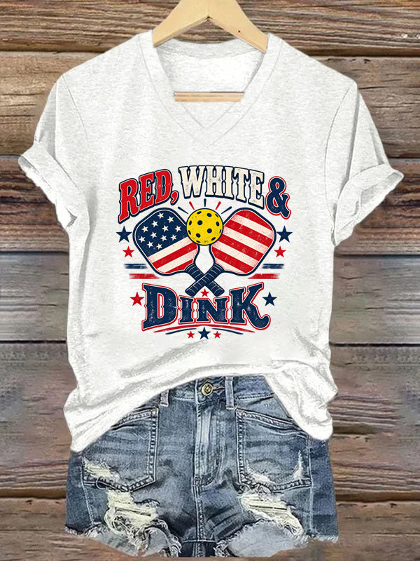 Red, White & Dink, Patriotic Pickleball V-Neck T-Shirt