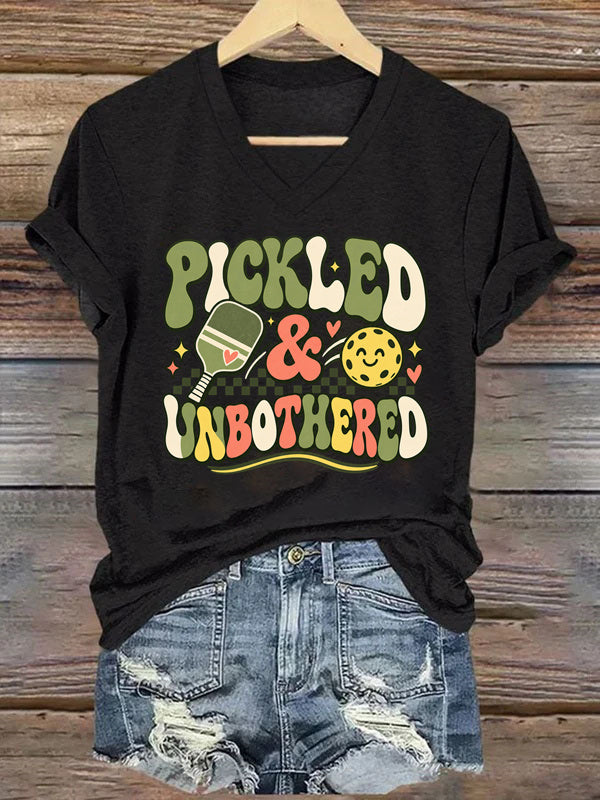 Pickled & Unbothered , Groovy Pickleball V-Neck T-Shirt