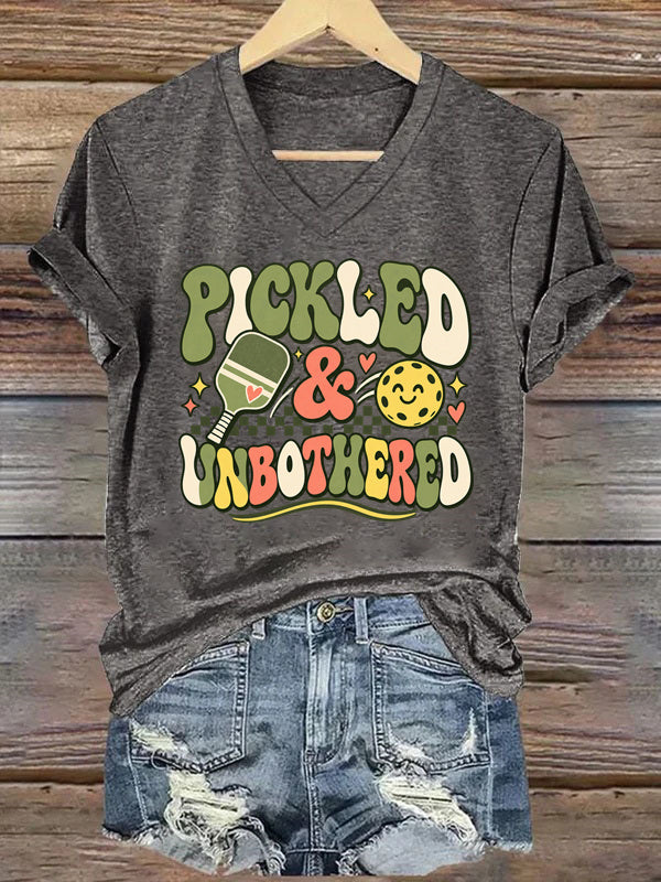 Pickled & Unbothered , Groovy Pickleball V-Neck T-Shirt