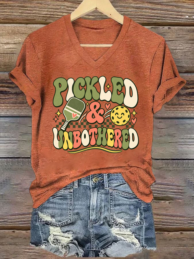 Pickled & Unbothered , Groovy Pickleball V-Neck T-Shirt