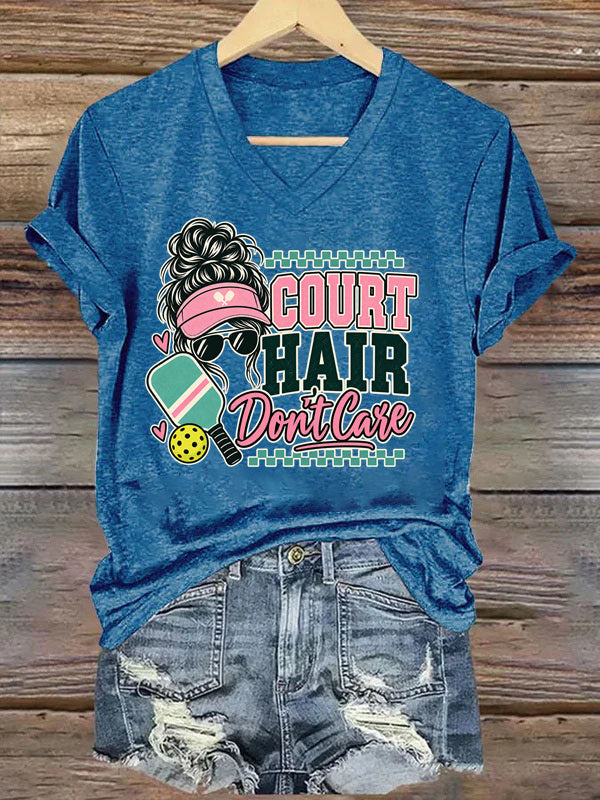 Court Hair Don't Care,Messy Bun Pickleball V-Neck T-Shirt