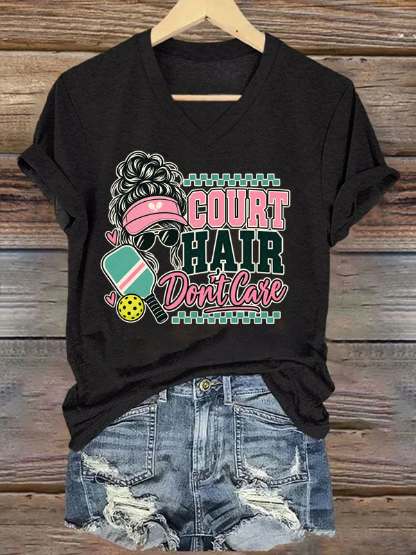 Court Hair Don't Care,Messy Bun Pickleball V-Neck T-Shirt