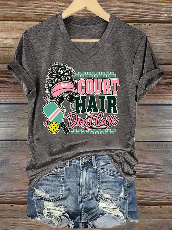 Court Hair Don't Care,Messy Bun Pickleball V-Neck T-Shirt