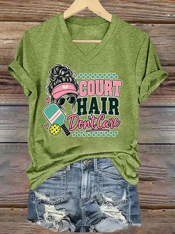 Court Hair Don't Care,Messy Bun Pickleball V-Neck T-Shirt